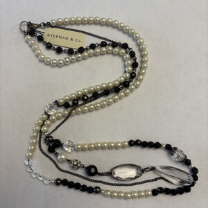Stephan & Co. Multi-Strand Faux Pearl, Black Bead & Crystal Accent Necklace NWT